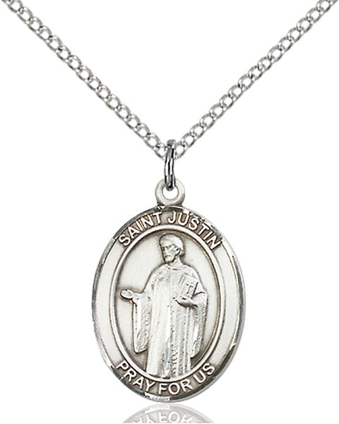 Extel Medium Oval Sterling Silver St. Justin Pendant with 18" chain, Made in USA