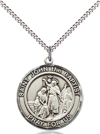 Extel Medium Round Pewter St. John the Baptist Medal Pendant Necklace with 18" Chain, Made in USA