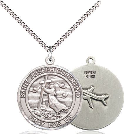 Extel Medium Round Pewter St. Joseph of Cupertino Medal Pendant Necklace with 18" Chain, Made in USA
