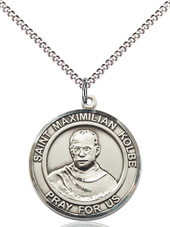 Extel Medium Round Pewter St. Maximilian Kolbe Medal Pendant Necklace with 18" Chain, Made in USA