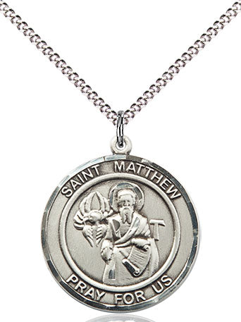 Extel Medium Round Pewter St. Matthew the Apostle Medal Pendant Necklace with 18" Chain, Made in USA