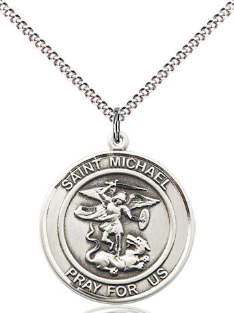 Extel Medium Round Pewter St. Michael the Archangel Medal Pendant Necklace with 18" Chain, Made in USA