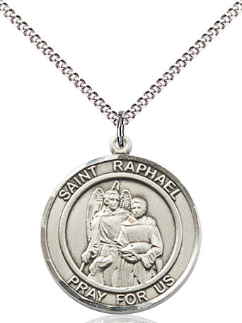 Extel Medium Round Pewter St. Raphael the Archangel Medal Pendant Necklace with 18" Chain, Made in USA