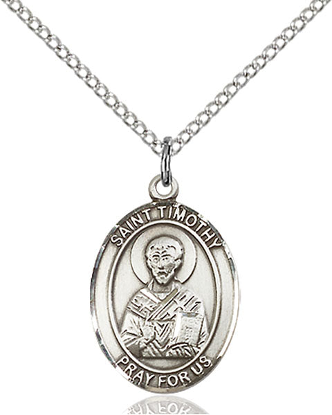 Extel Medium Oval Sterling Silver St. Timothy Pendant with 18" chain, Made in USA