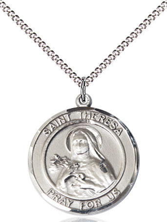 Extel Medium Round Pewter St. Theresa Medal Pendant Necklace with 18" Chain, Made in USA