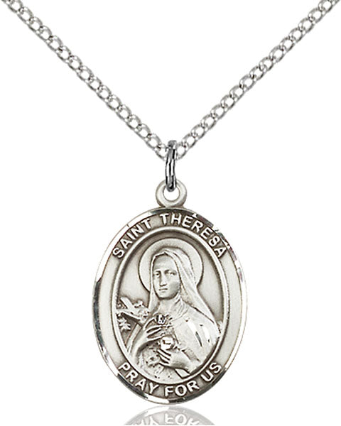 Extel Medium Oval Sterling Silver St. Theresa Pendant with 18" chain, Made in USA