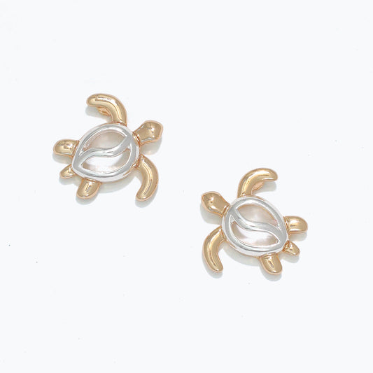 Two Tone Open Turtle Earrings Sterling Silver Gold Studs