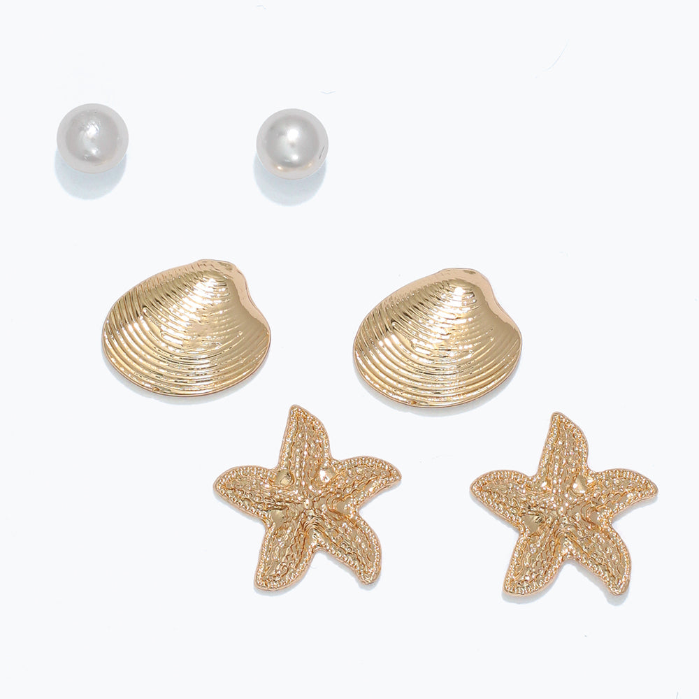 Trio Pearl Clam And Starfish Earrings Set Beachy Chic