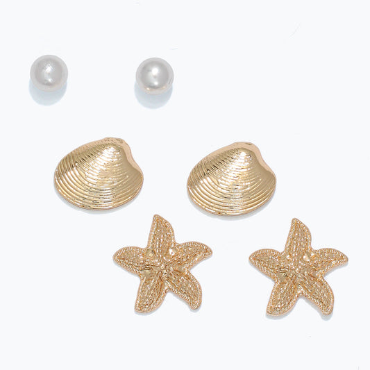 Trio Pearl Clam And Starfish Earrings Set Beachy Chic