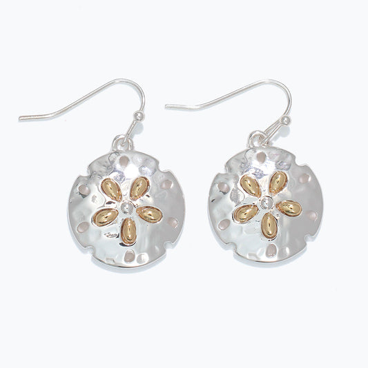 Two Tone Sand Dollar Earrings Sterling Silver Gold Plated