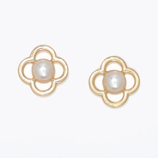 Gold Open Clover Earrings With Freshwater Pearl Accent