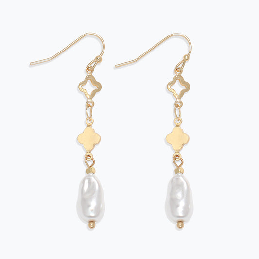 Gold Clover Earrings With Pearl Drop Dangles For Women