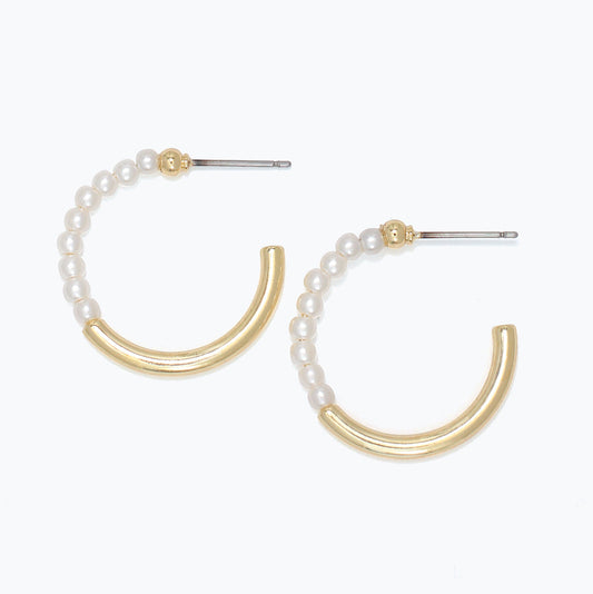 Classic Gold Hoop Earrings With Freshwater Small Pearls