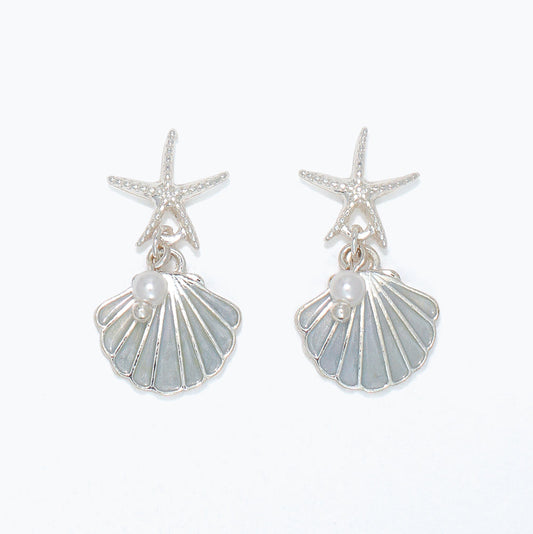 Starfish Shell Pearl Drop Earrings Coastal Beach Jewelry