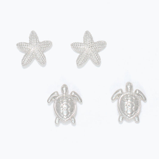 Sterling Silver Starfish And Turtle Beach Earrings Charm