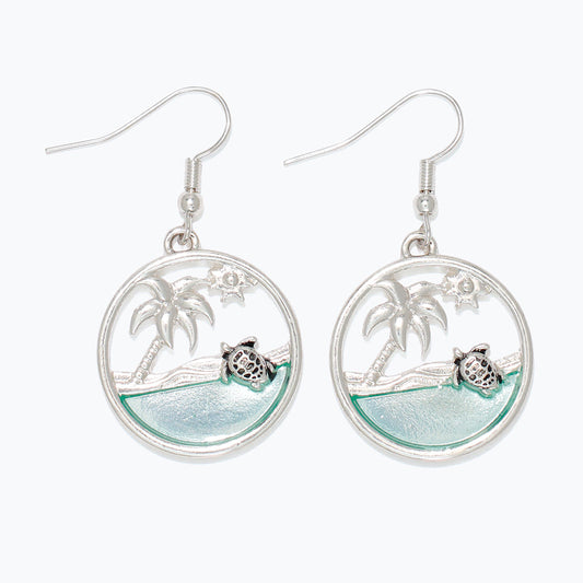 Sterling Silver Turtle Palm Cutout Dangle Beach Earrings