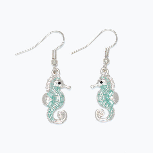 Silver Mint Seahorse Earrings For Women Summer Beach