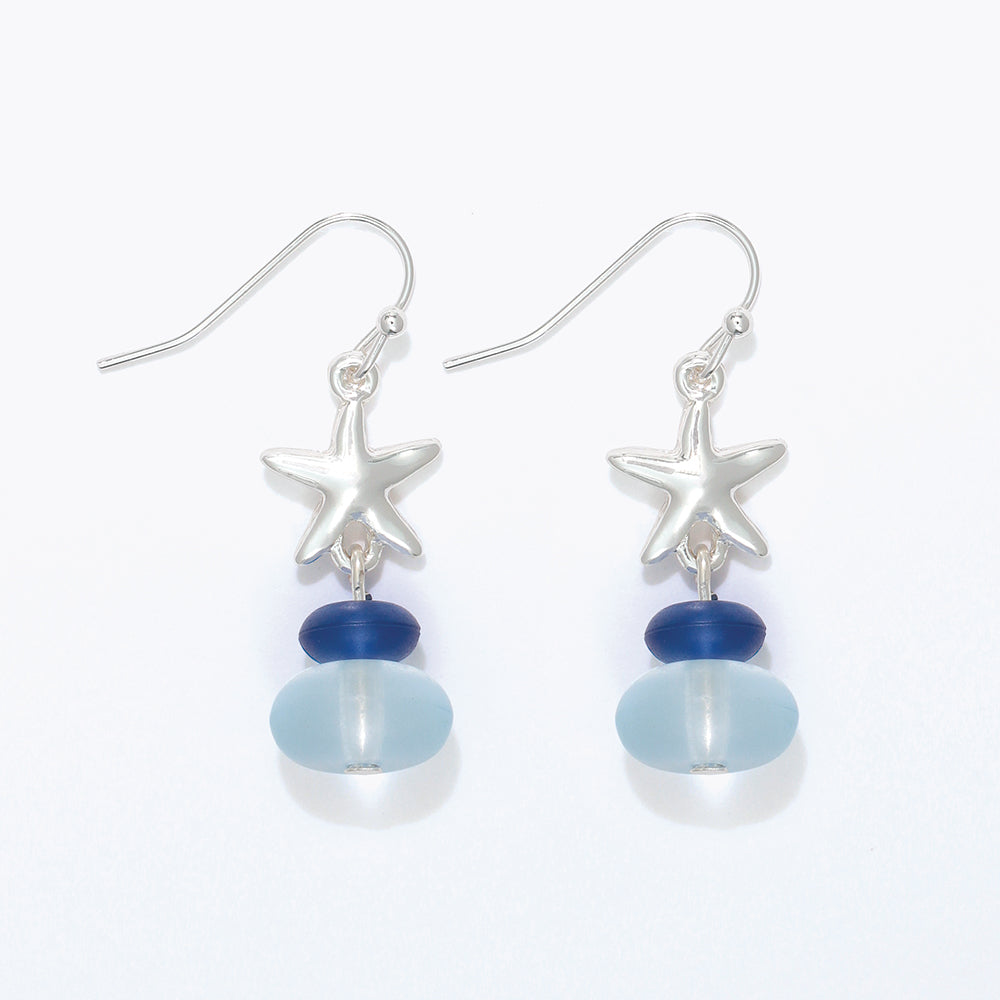 Sterling Silver Starfish Earrings With Blue Sea Glass