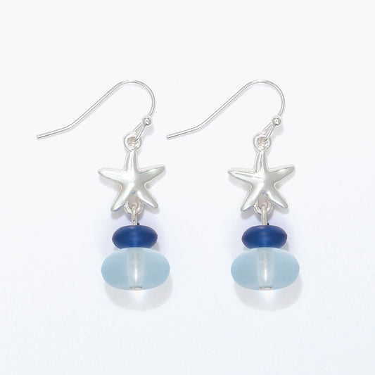 Sterling Silver Starfish Earrings With Blue Sea Glass