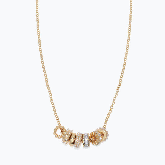 Gold Pearl And Crystal Necklace With Stacking Rings