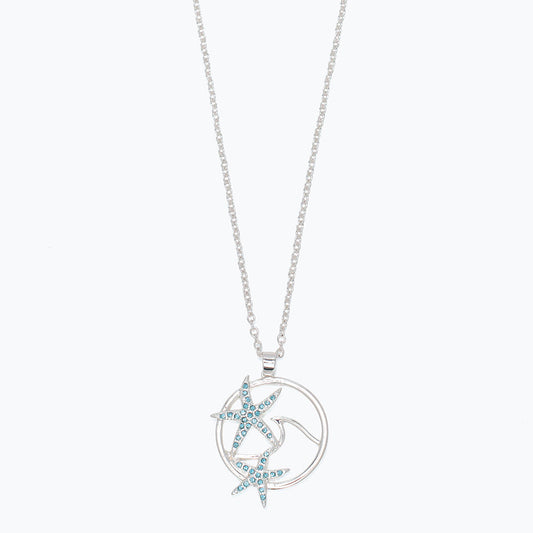 Ocean Aqua Crystal Starfish Necklace With Wave Pendant