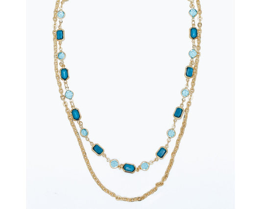 Necklace-Blue Crystals + Gold Chain