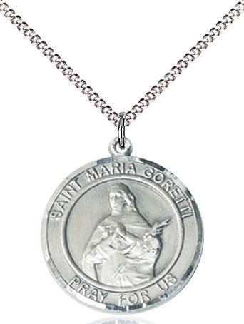 Extel Medium Round Pewter St. Maria Goretti Medal Pendant Necklace with 18" Chain, Made in USA
