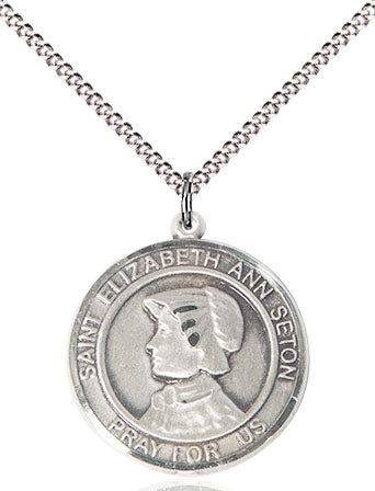 Extel Medium Round Pewter St. Elizabeth Ann Seton Medal Pendant Necklace with 18" Chain, Made in USA