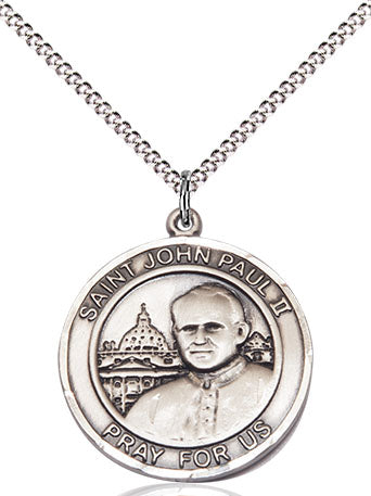 Extel Medium Round Pewter St. John Paul II Medal Pendant Necklace with 18" Chain, Made in USA