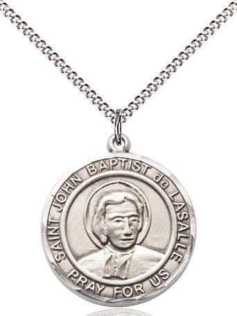 Extel Medium Round Pewter St. John Baptist de la Salle Medal Pendant Necklace with 18" Chain, Made in USA