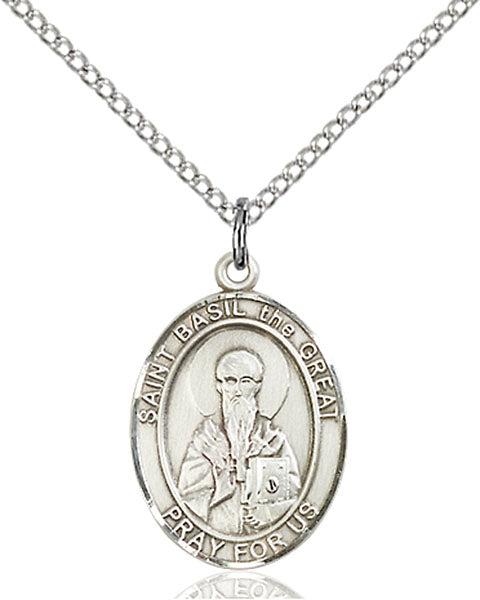Extel Medium Oval Sterling Silver St. Basil the Great Pendant with 18" chain, Made in USA