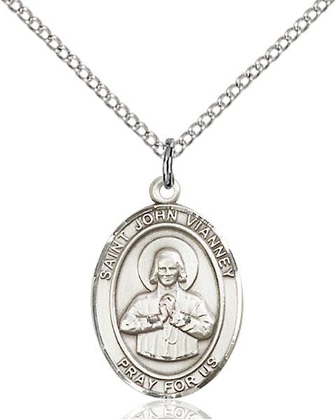 Extel Medium Oval Sterling Silver St. John Vianney Pendant with 18" chain, Made in USA