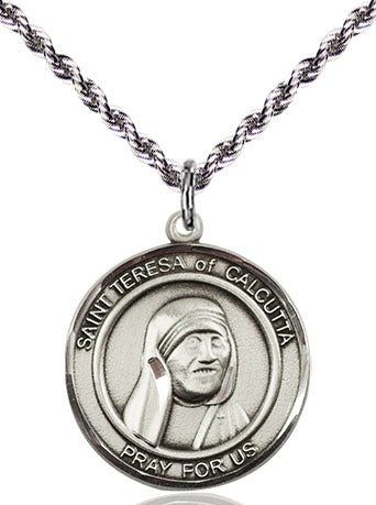 Extel Medium Round Pewter St. Teresa of Calcutta Medal Pendant Necklace with 18" Chain, Made in USA
