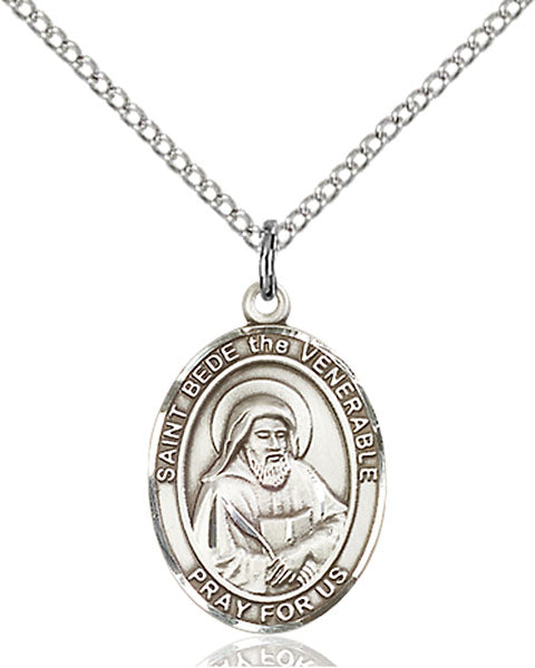 Extel Medium Oval Sterling Silver St. Bede the Venerable Pendant with 18" chain, Made in USA