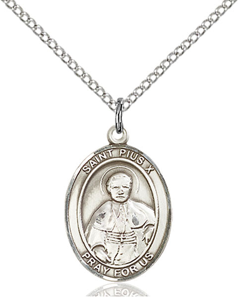 Extel Medium Oval Sterling Silver St. Pius X Pendant with 18" chain, Made in USA