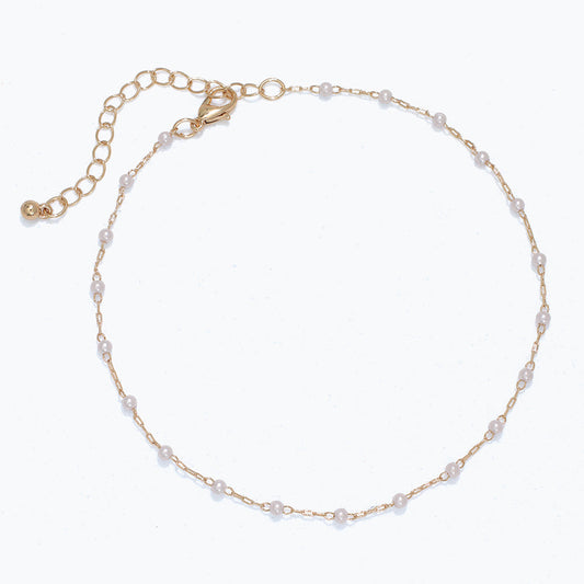 Gold Pearl Station Anklet Elegant Beach Ankle Chain