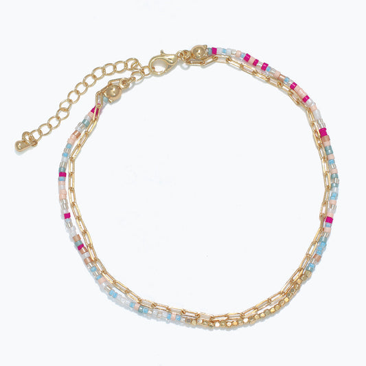 Two Strand Multi Bead Anklet With Chain For Summer Wear