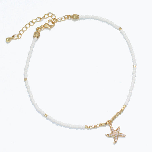 White Beaded Anklet With Gold Starfish Beach Jewelry