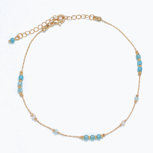 Gold And Aqua Beaded Anklet With Sparkling Crystals