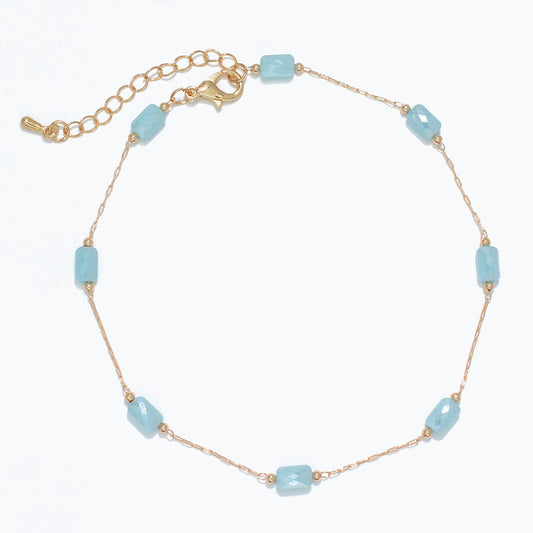 Gold Anklet With Aqua Crystal Stations For Beachwear