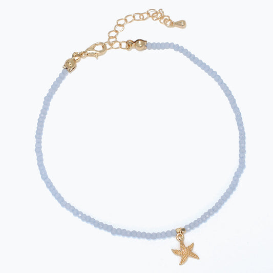 Soft Blue Beaded Anklet With Gold Starfish Charm For Women