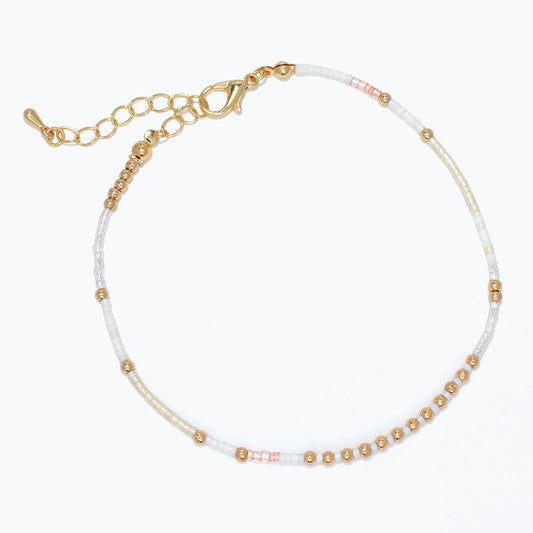 Handcrafted White Pink Seed Bead Anklet With Gold Accents