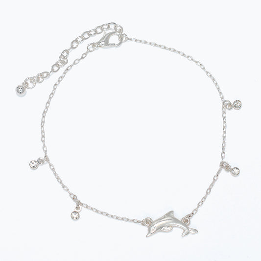 Sterling Silver Dolphin Anklet With Crystal Dangle Charm