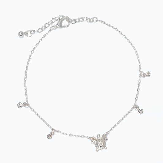 Sterling Silver Turtle Anklet With Crystal Drop Charm
