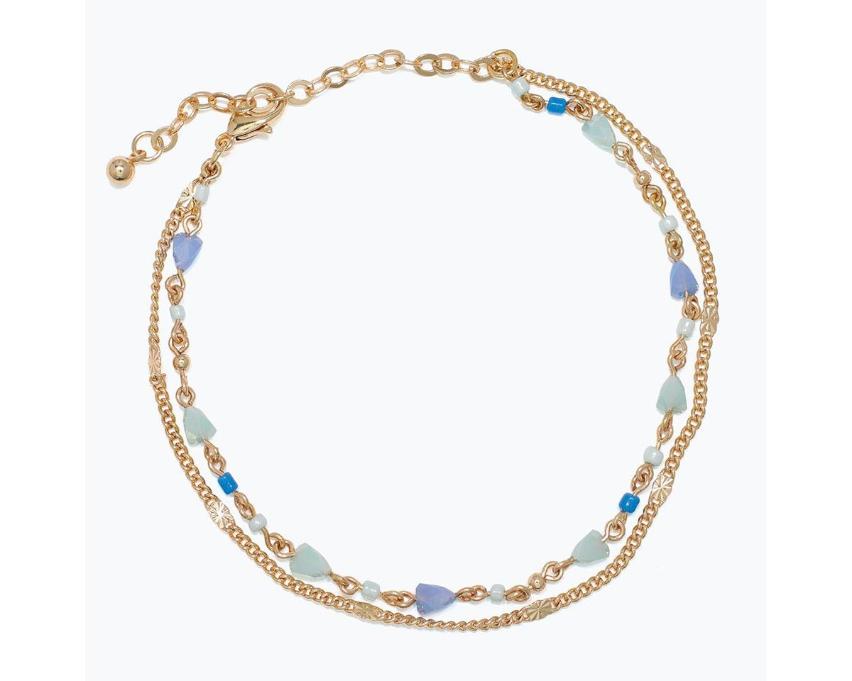 Anklet-Gold Chains w Faceted Blue