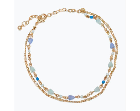 Anklet-Gold Chains w Faceted Blue