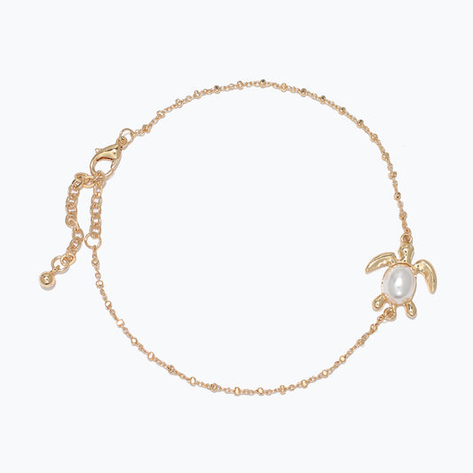 Delicate Gold Turtle Pearl Station Anklet Beach Chic