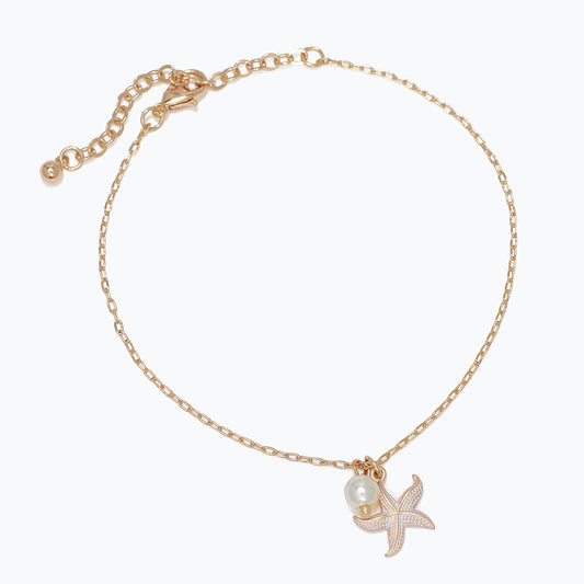 Gold Starfish Anklet With White Pearl Coastal Charm