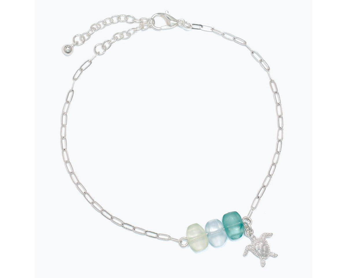 Anklet-Green Seaglass w Silver Turt