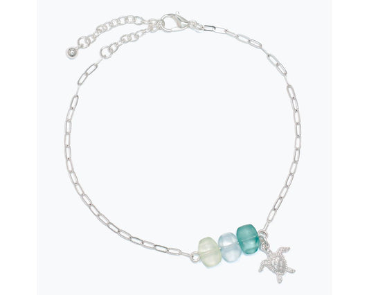 Anklet-Green Seaglass w Silver Turt